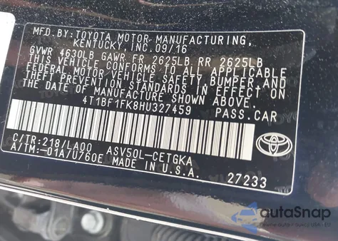 2017 Toyota Camry Xle from USA, damaged, VIN 4T1BF1FK8HU327459
